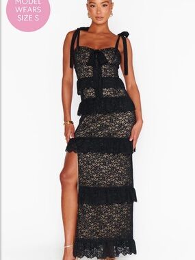 Show Me Your MuMu Black Lace Tiered Maxi Dress with Bow Straps